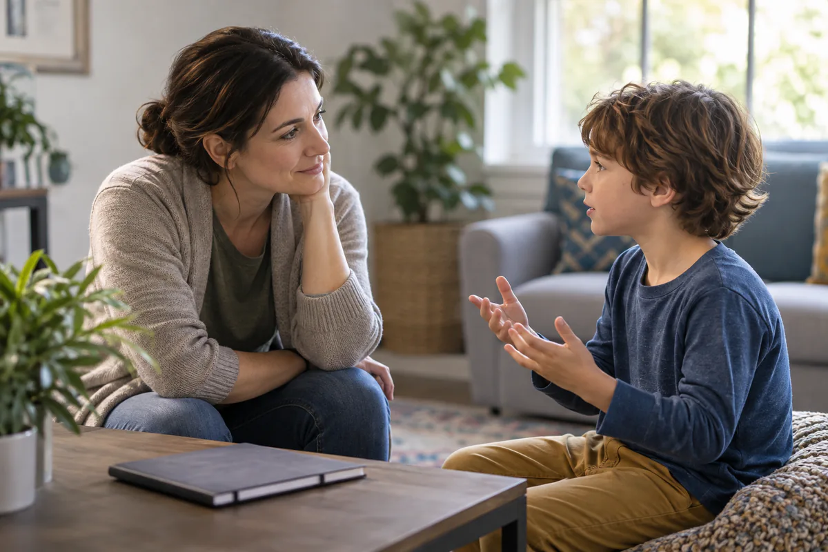 A child speaks while an adult listens with a closed notebook on the table.