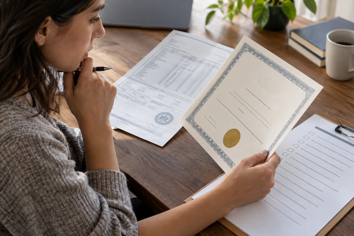A learner checks a course certificate against supporting paperwork.