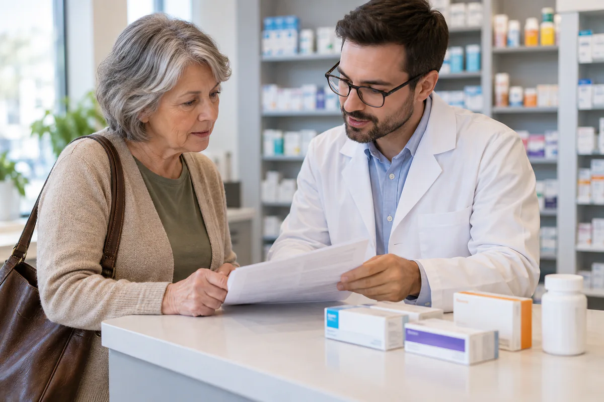A pharmacist reviews original medication paperwork with an older customer