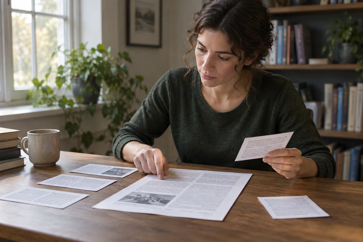 A researcher compares paper excerpts with their original source page