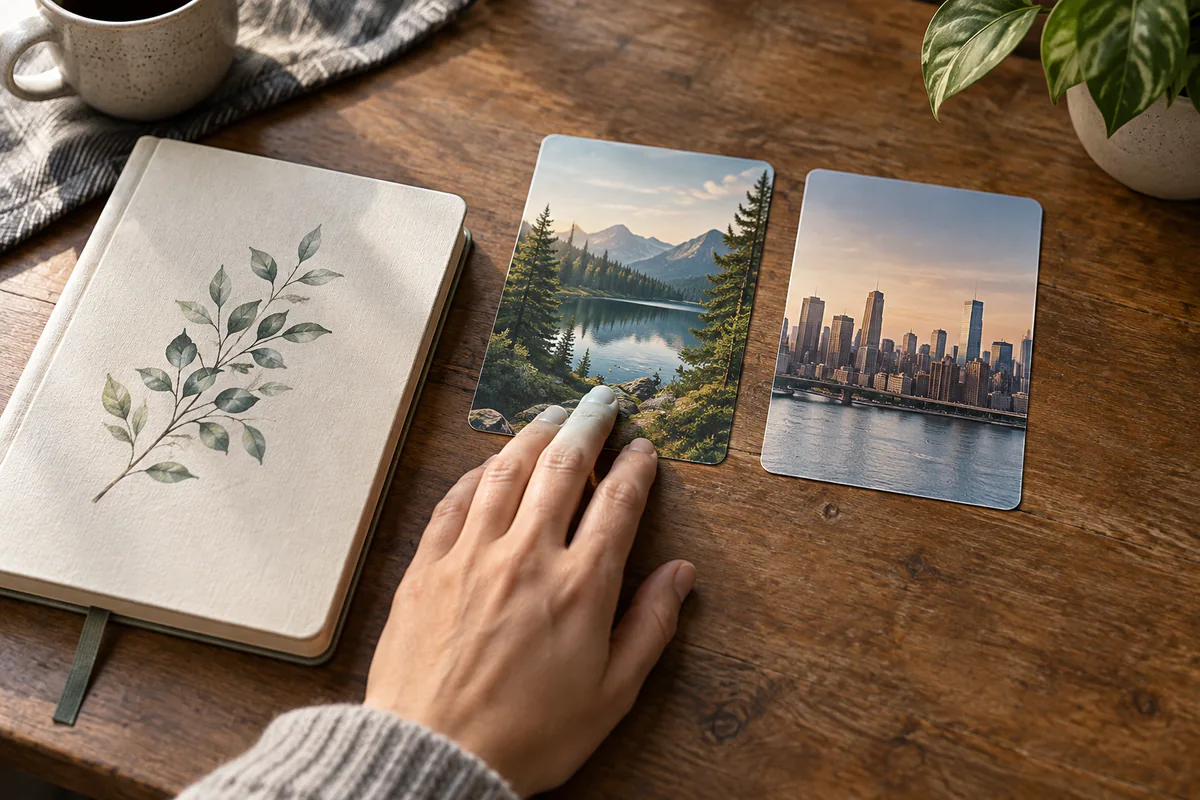A hand rests on a landscape photo beside a contrasting city photo and notebook