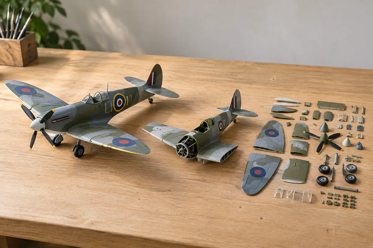 A model aircraft is shown assembled, partly assembled and as separate components.