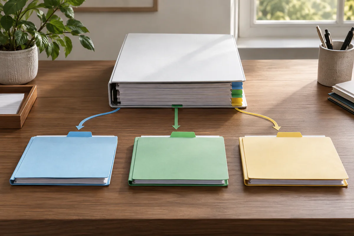 One reference binder feeds three color-coded working folders