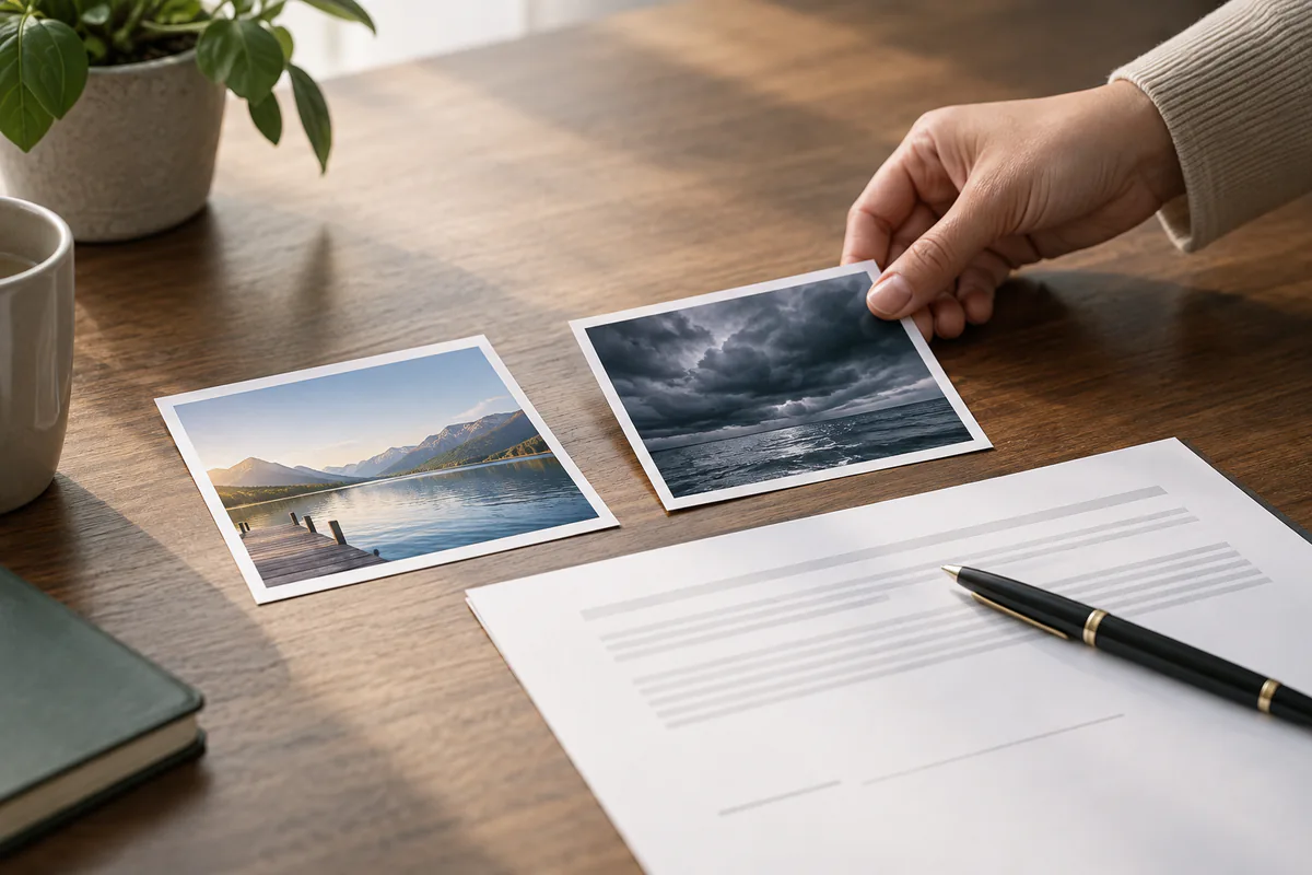Two contrasting photographs sit beside a neutral decision record