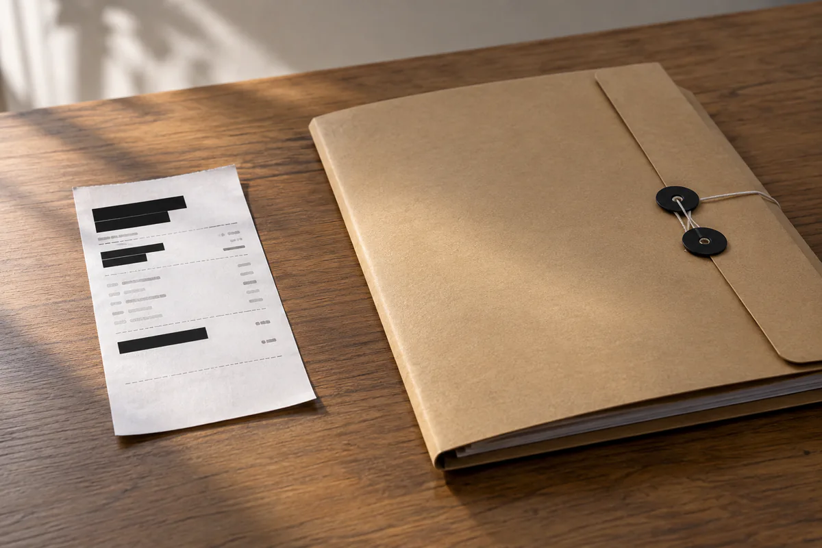 A redacted access record sits beside a sealed company knowledge folder