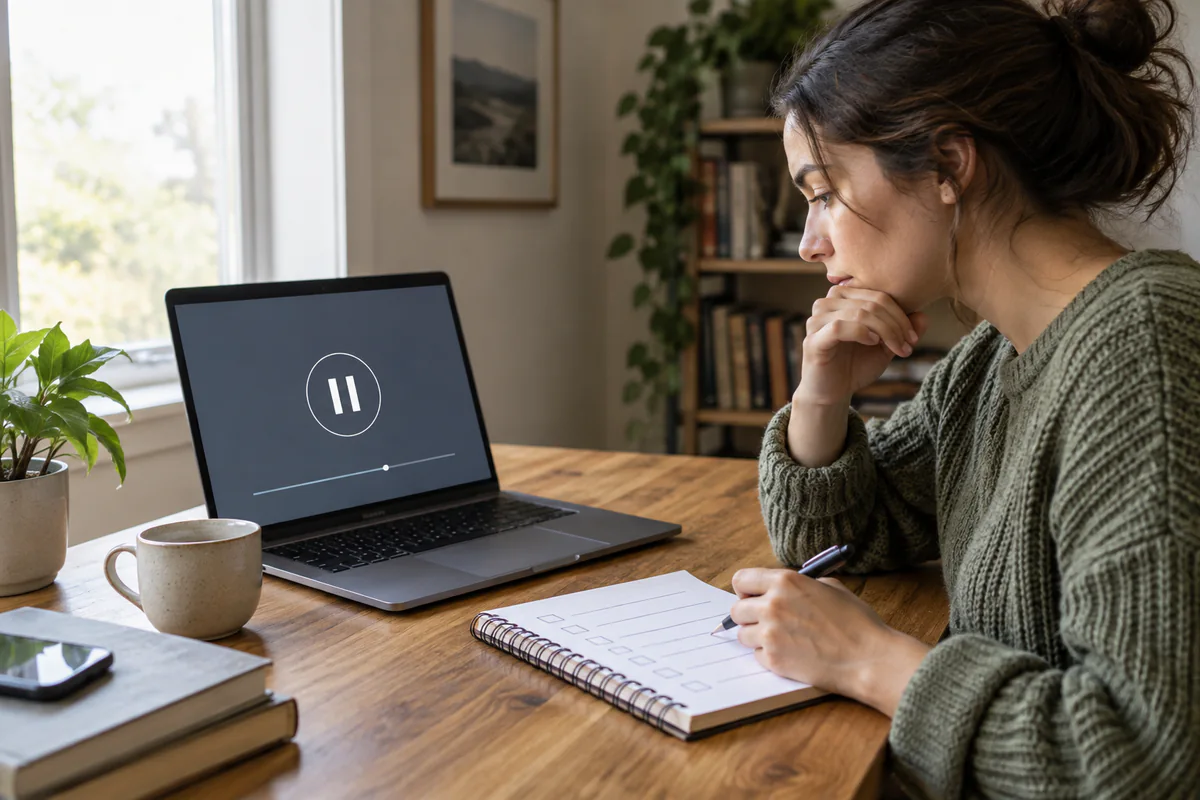 A paused laptop and checkpoint notebook support a controlled recovery