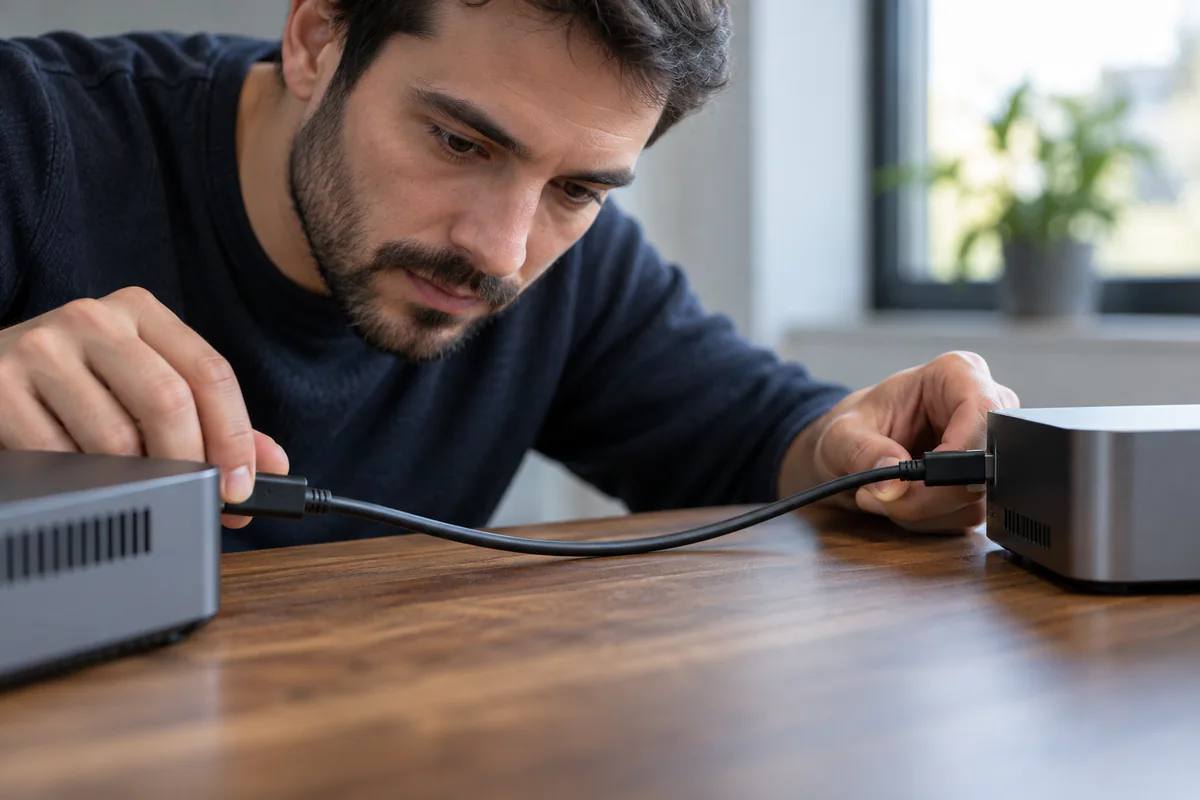 A technician checks both ends of a cable between two compute boxes