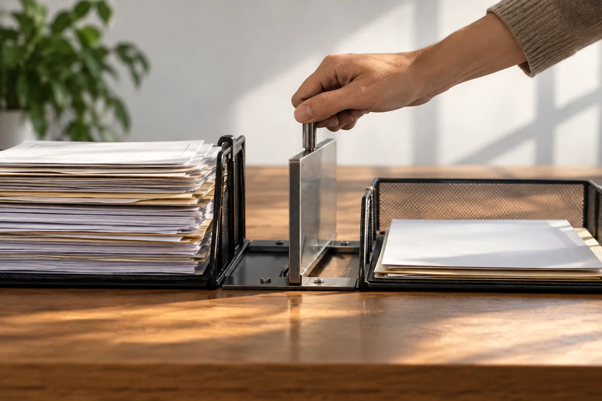 A hand controls the gate between an incoming document stack and an output tray