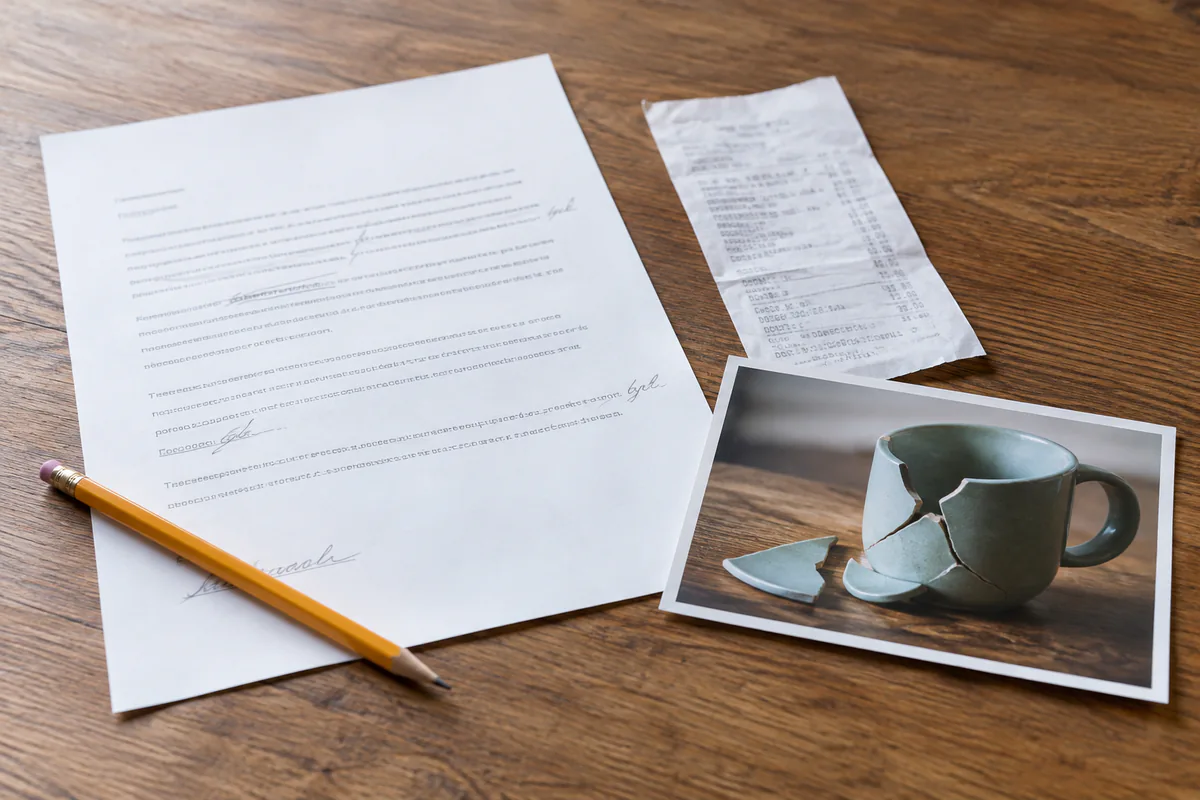 A draft letter, receipt and photo of a broken mug arranged on a desk