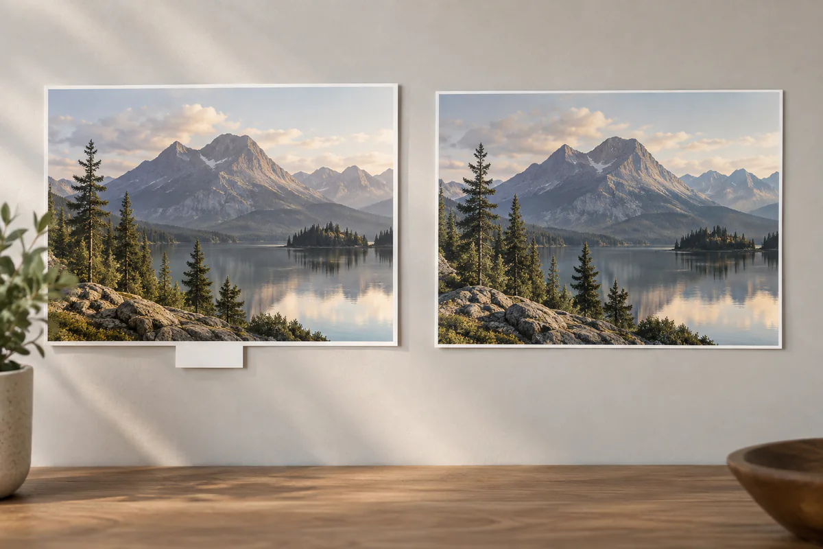 Two matching landscape prints, one with a small blank record card below it