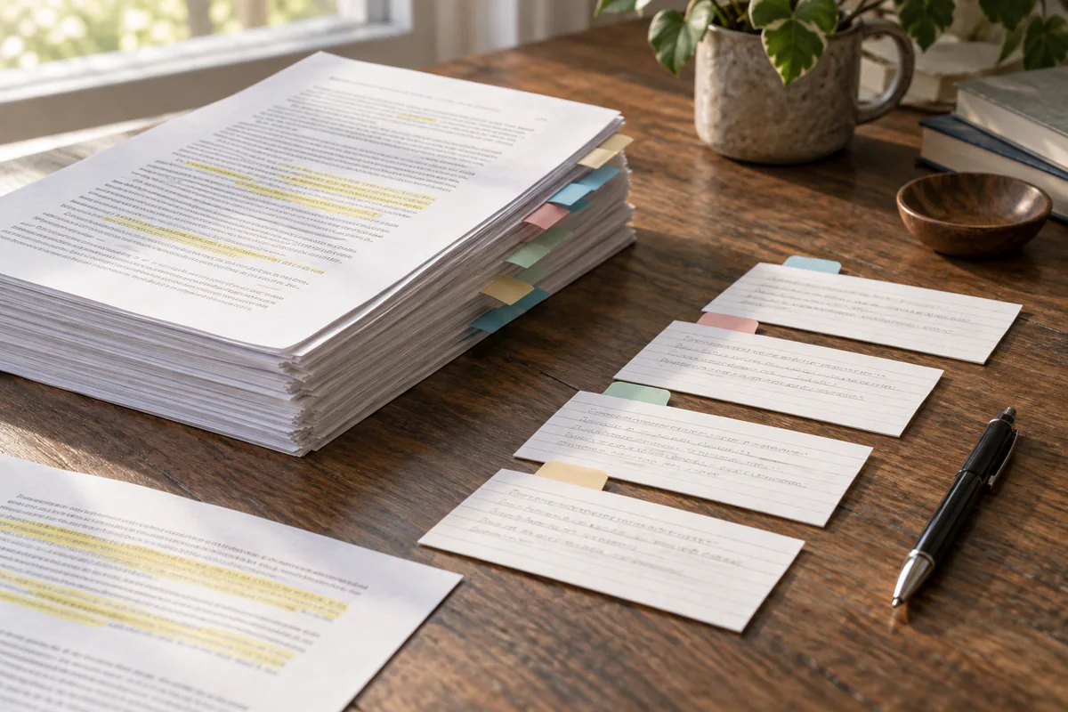 A long source document is condensed into a few traceable note cards