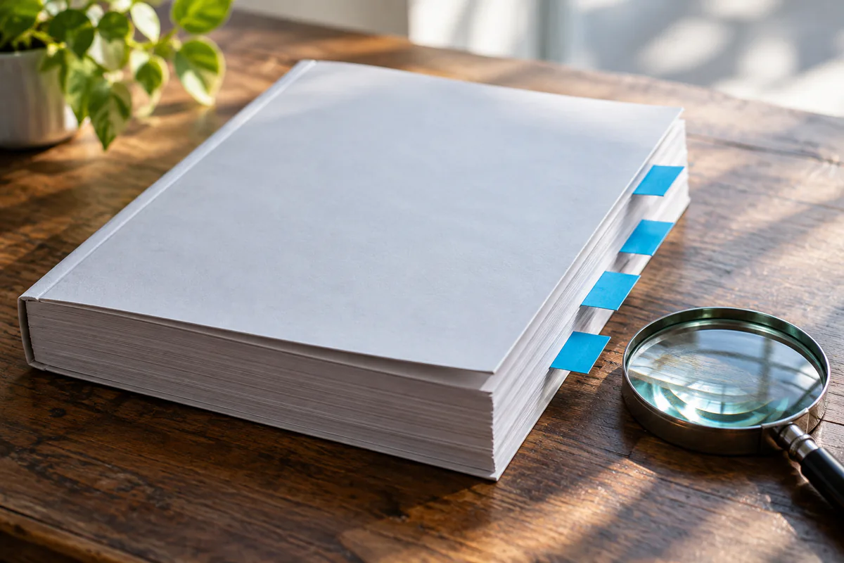 A tabbed document sits beside a magnifying glass.