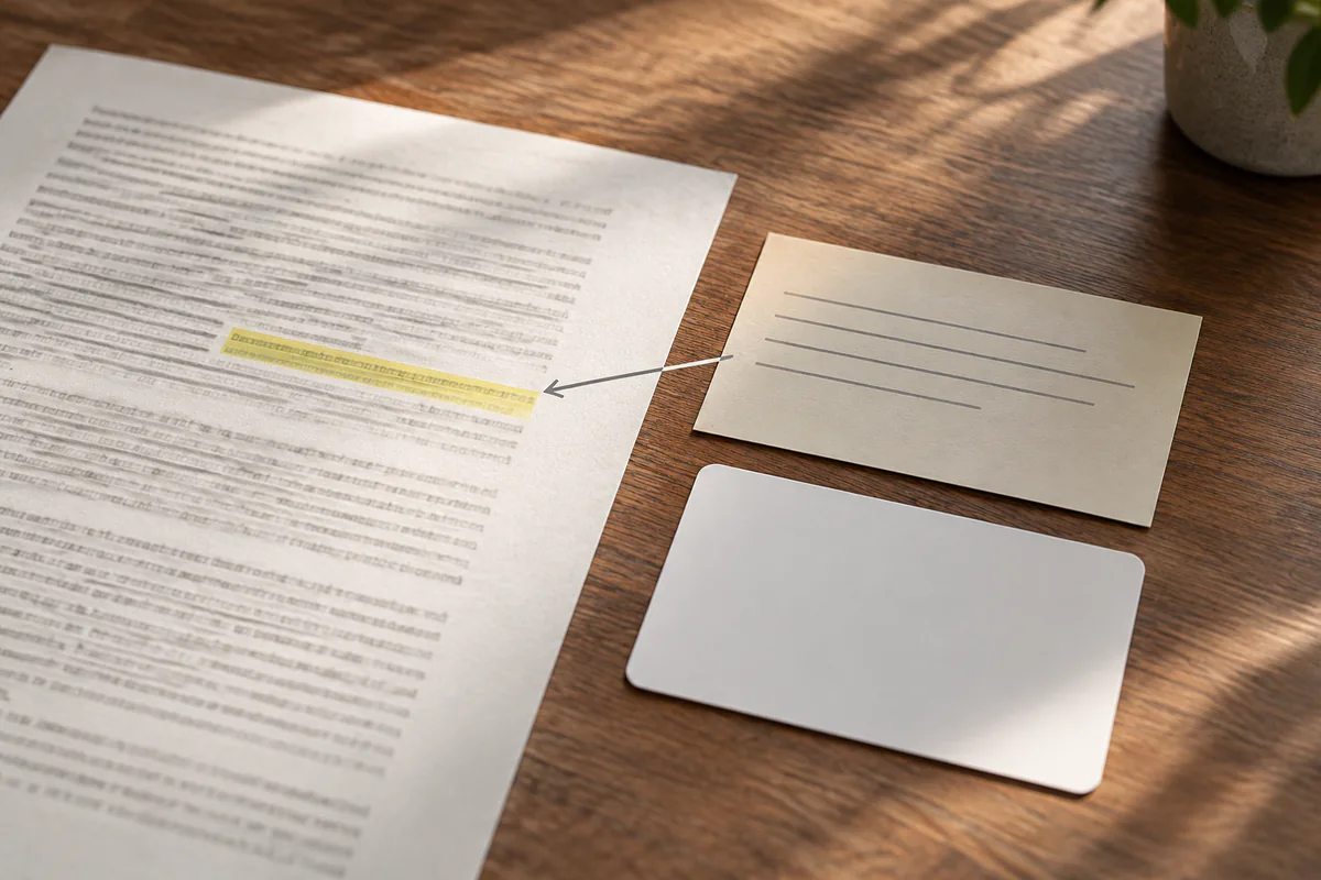 A highlighted passage in a document connected to a blank note card