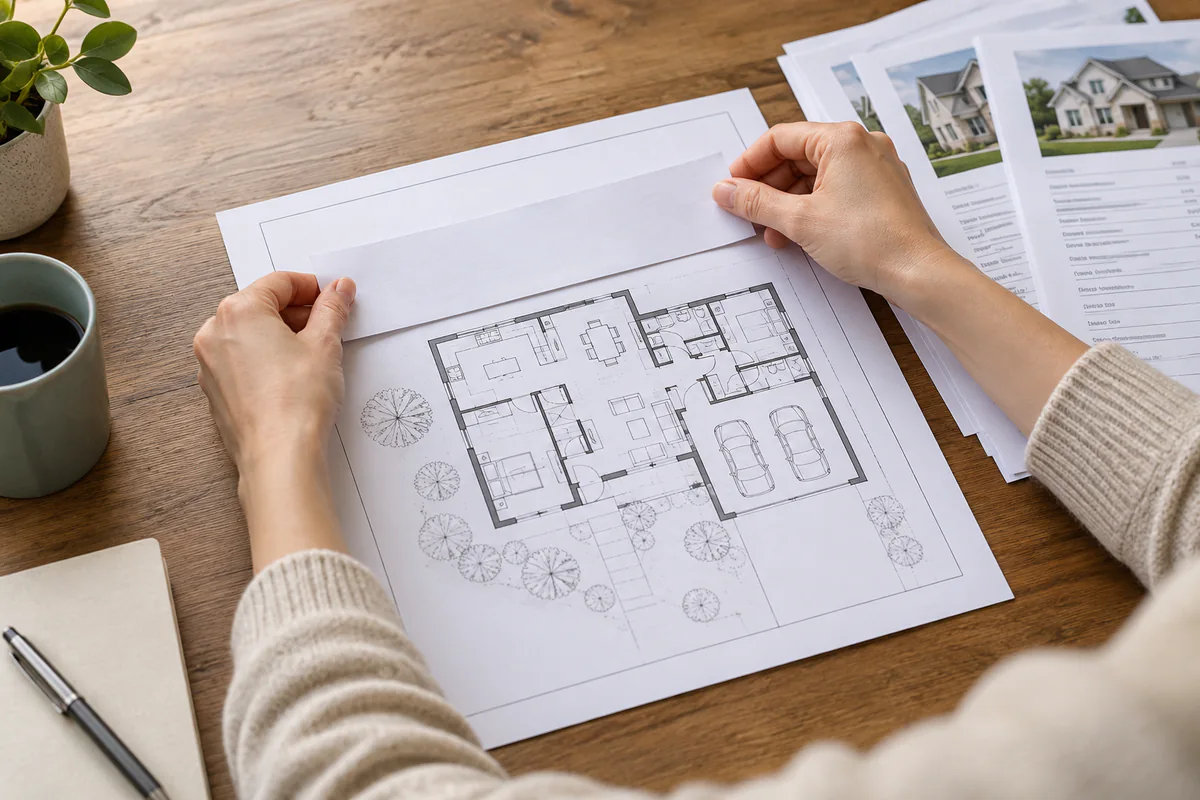 Hands cover the heading of a sample floor plan with a blank strip of paper