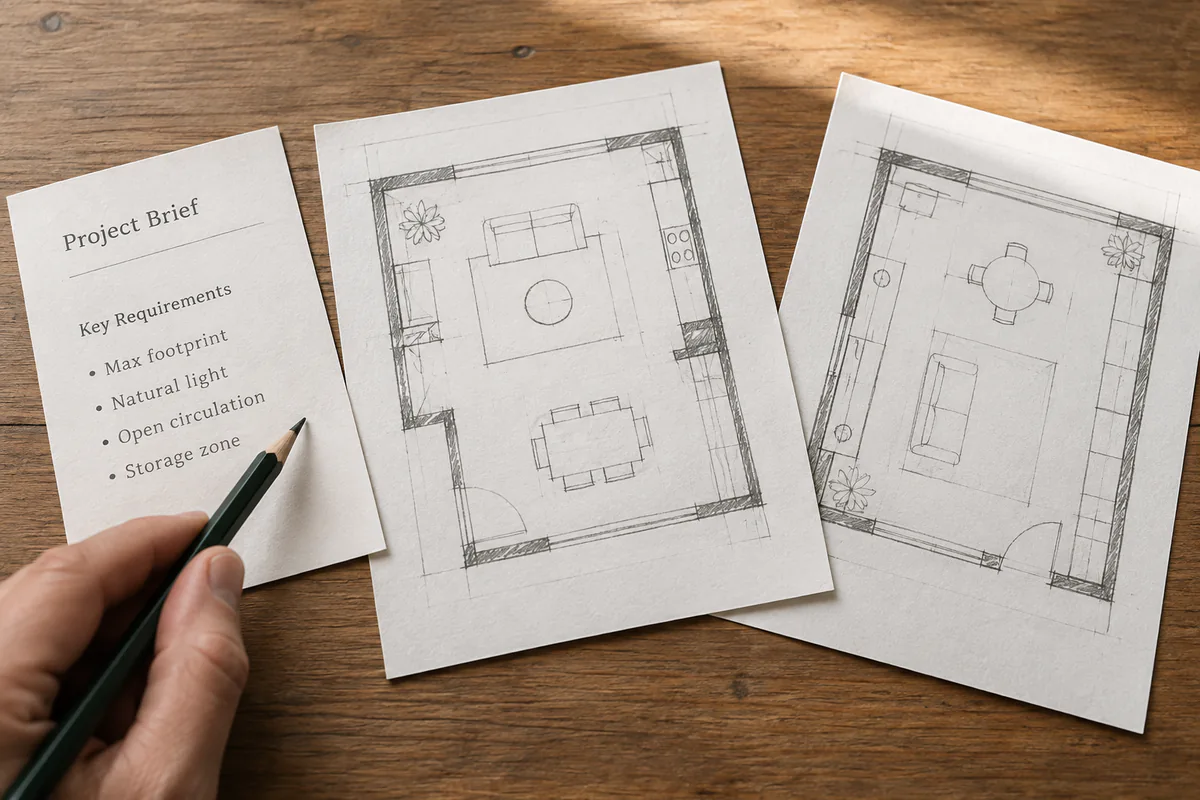 Two floor-plan options lie beside a written project brief.