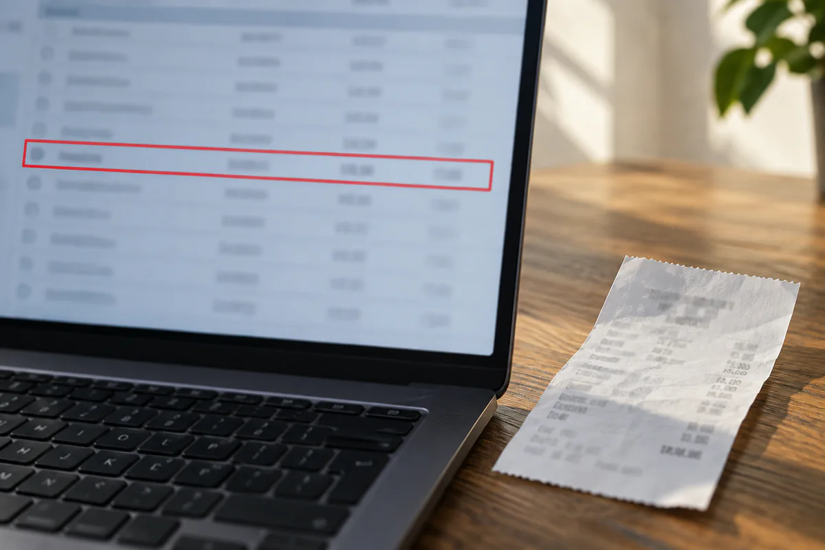 A highlighted row on a blurred laptop document beside a paper receipt