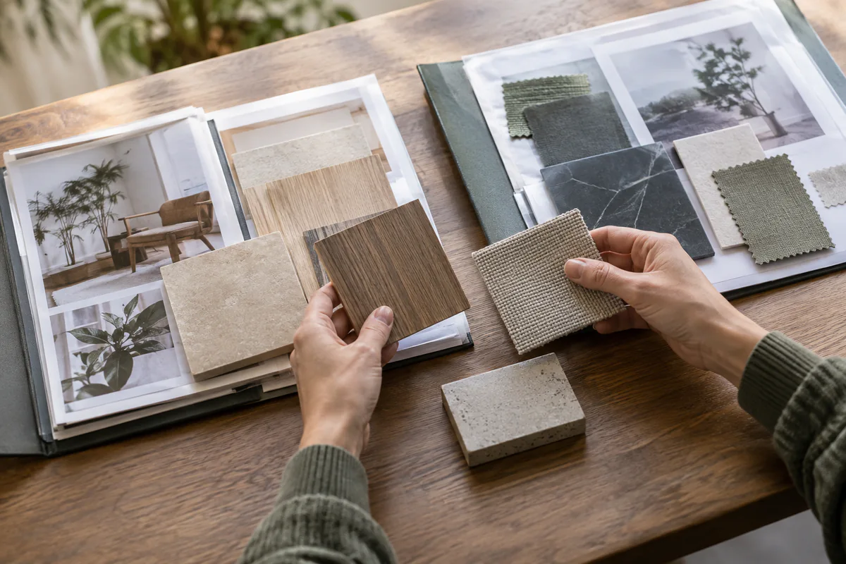 Hands comparing two sets of project materials and a physical sample