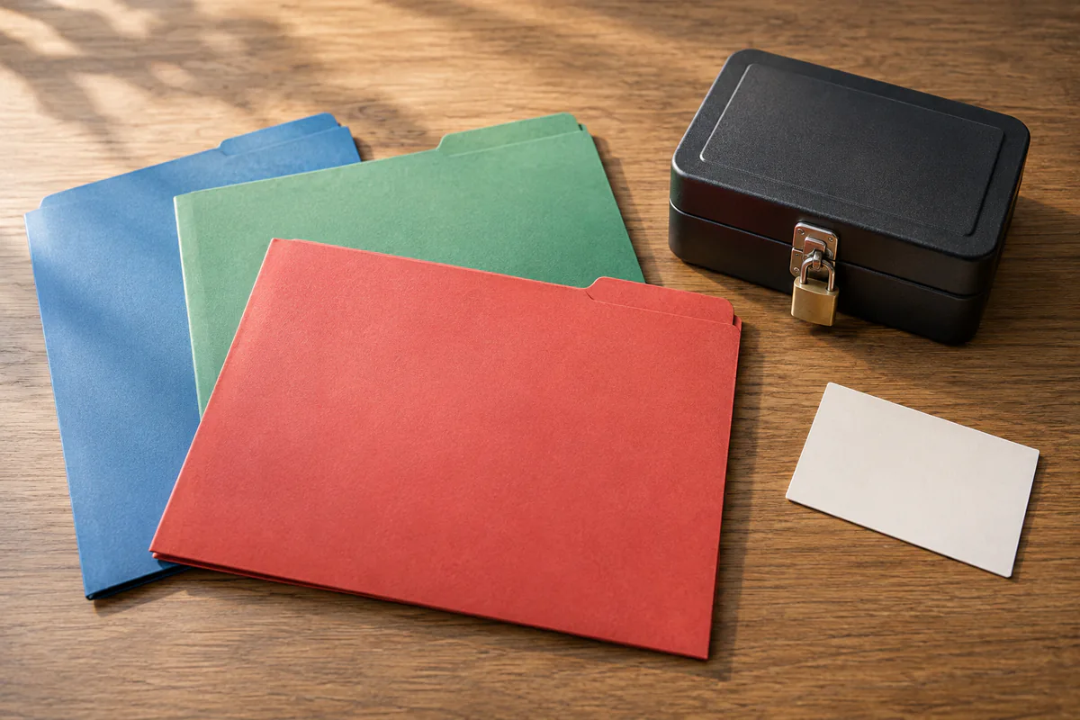Colored project folders and a loose card sit beside a locked document case.