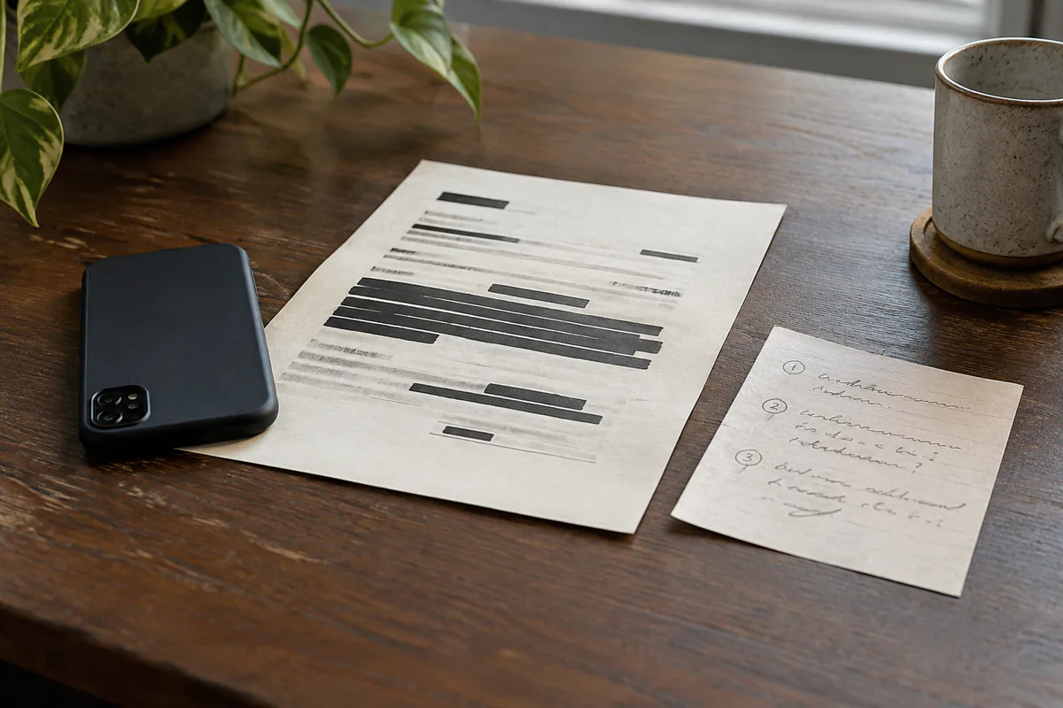 A redacted document sits beside a phone and a short handwritten note.
