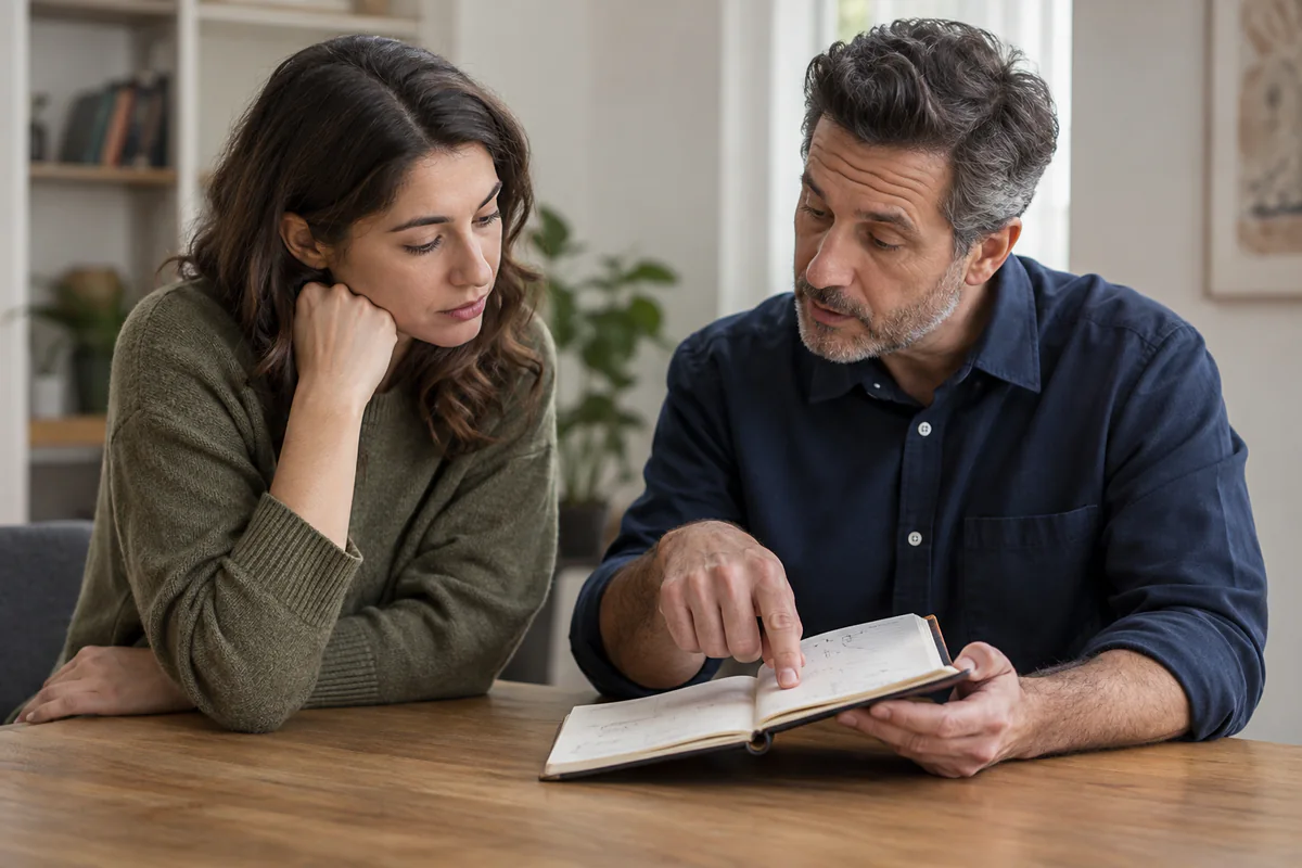 A trusted reviewer listens while another person points to evidence notes