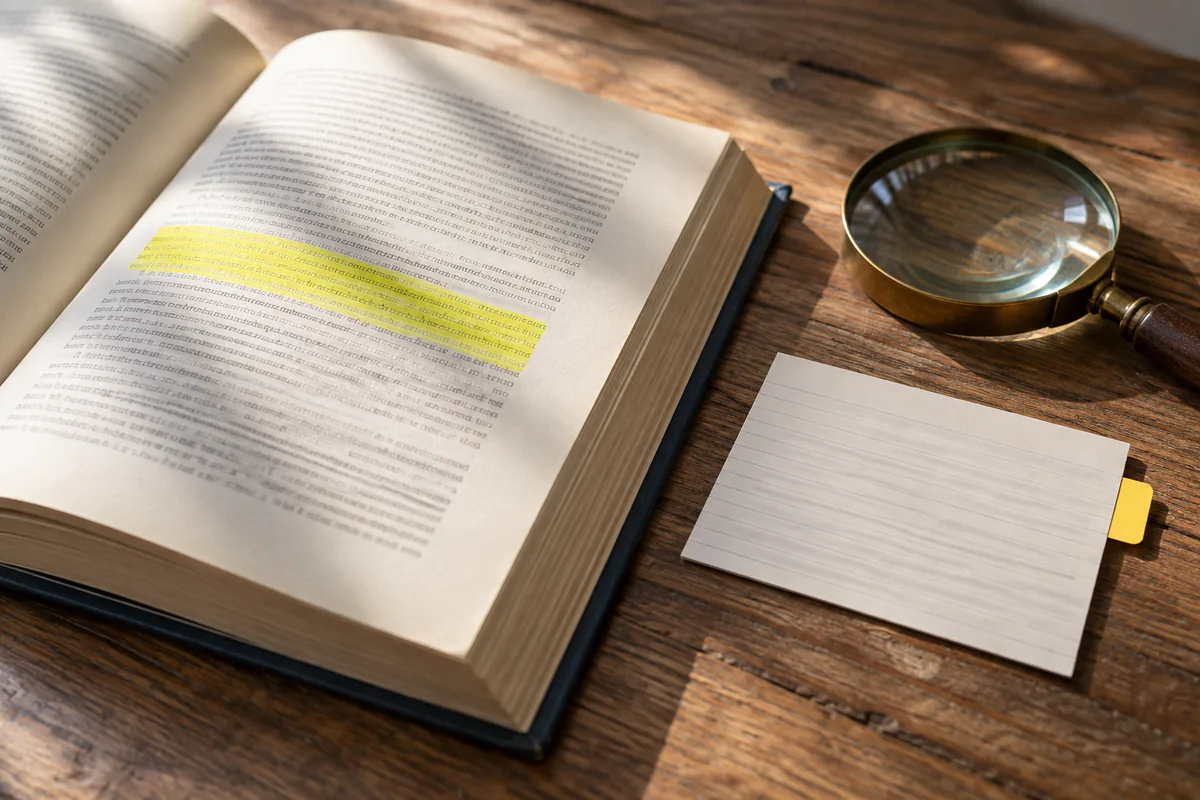 A highlighted passage in an open book beside a note card and magnifying glass