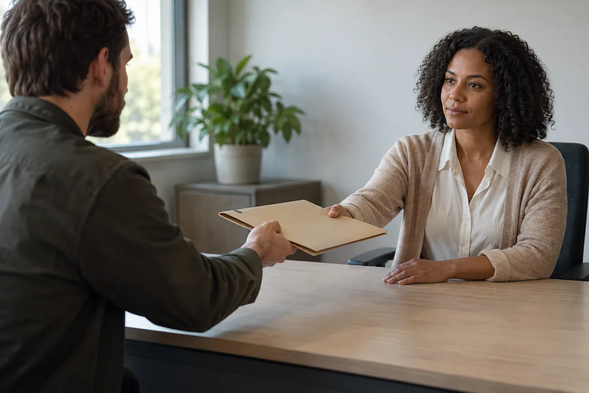 A person hands an incident record folder to a support professional.
