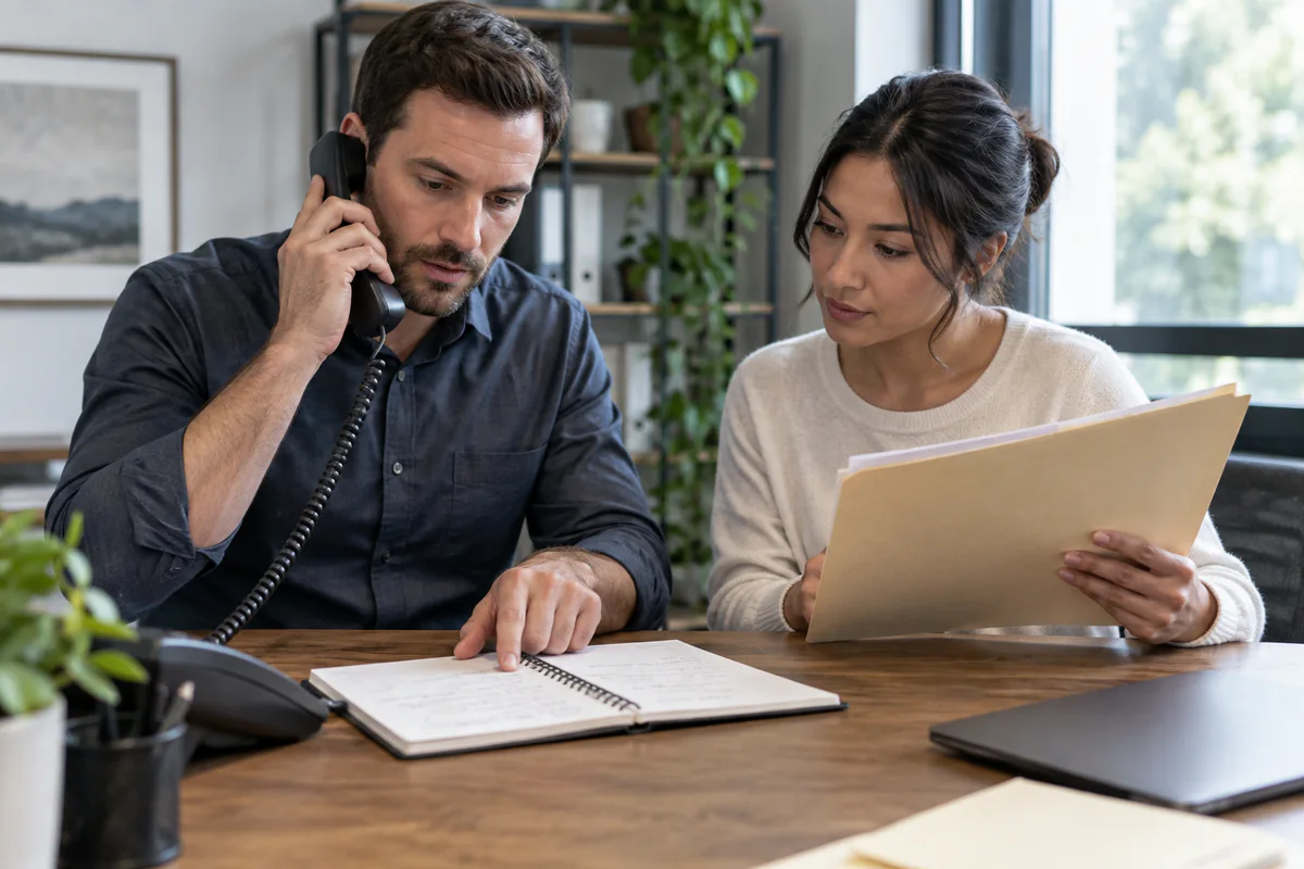 Two colleagues verify a caller's claim against a separate written record