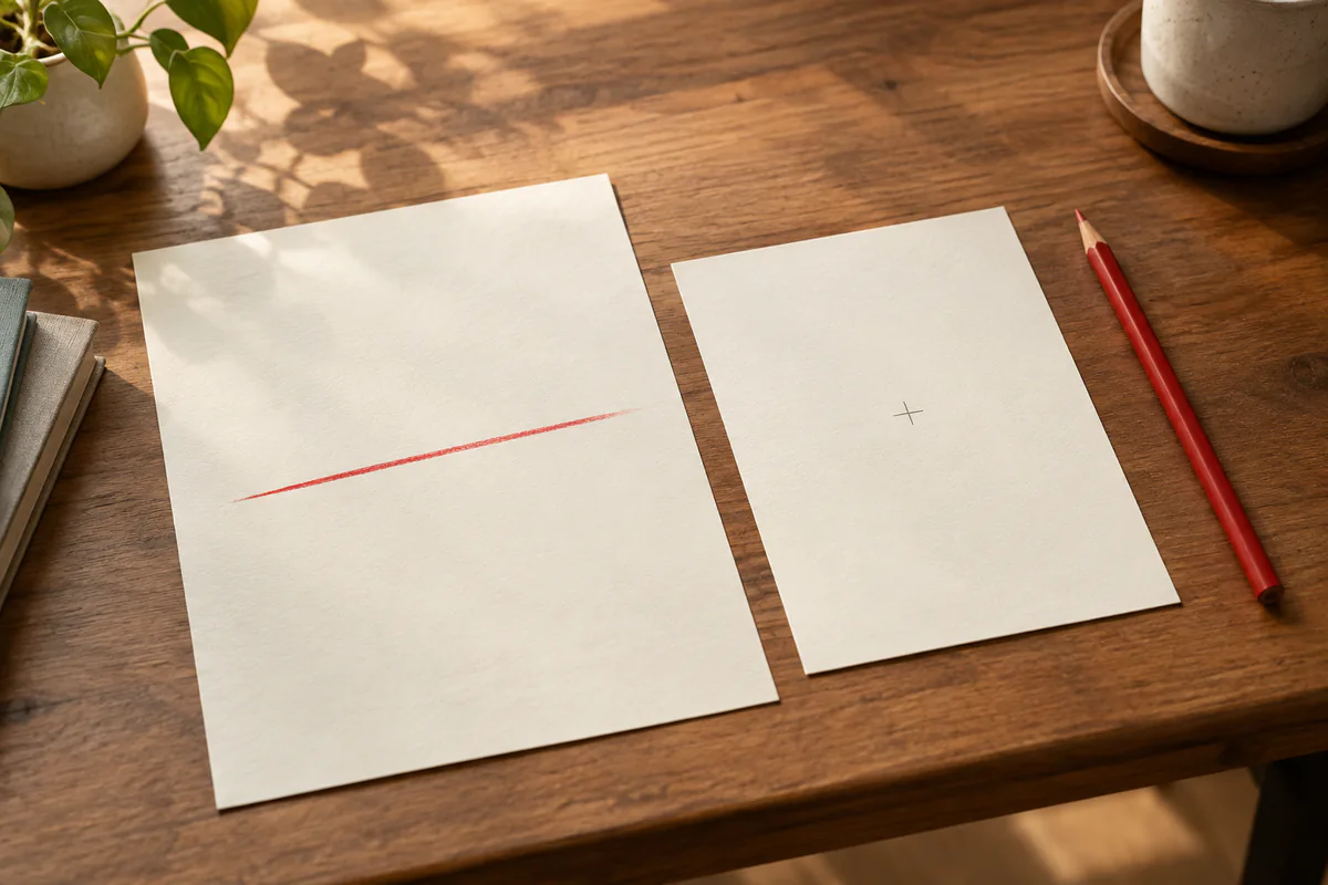 Two blank drafts show one crossed-out line and a cleaner revision