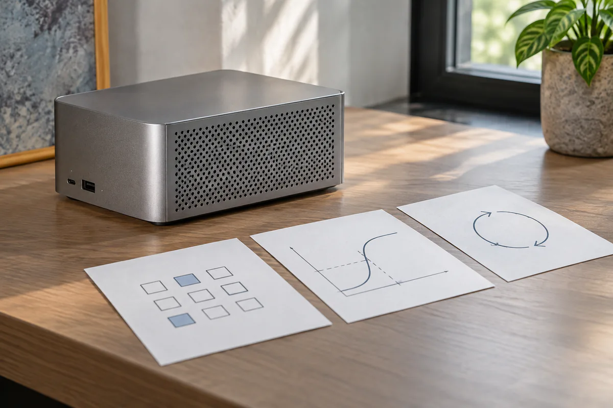 A desktop compute unit sits beside three geometric test cards
