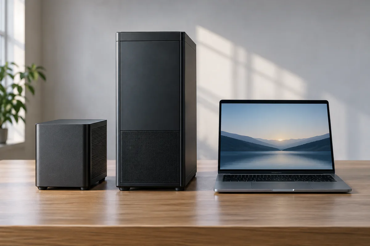 A compact compute box, tower, and laptop show different deployment scales