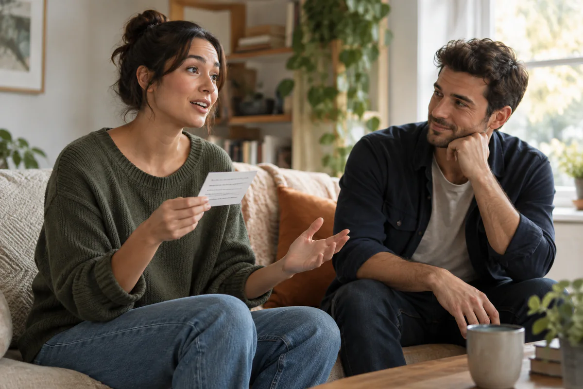 A person rehearses an opening line from a cue card with an attentive partner.