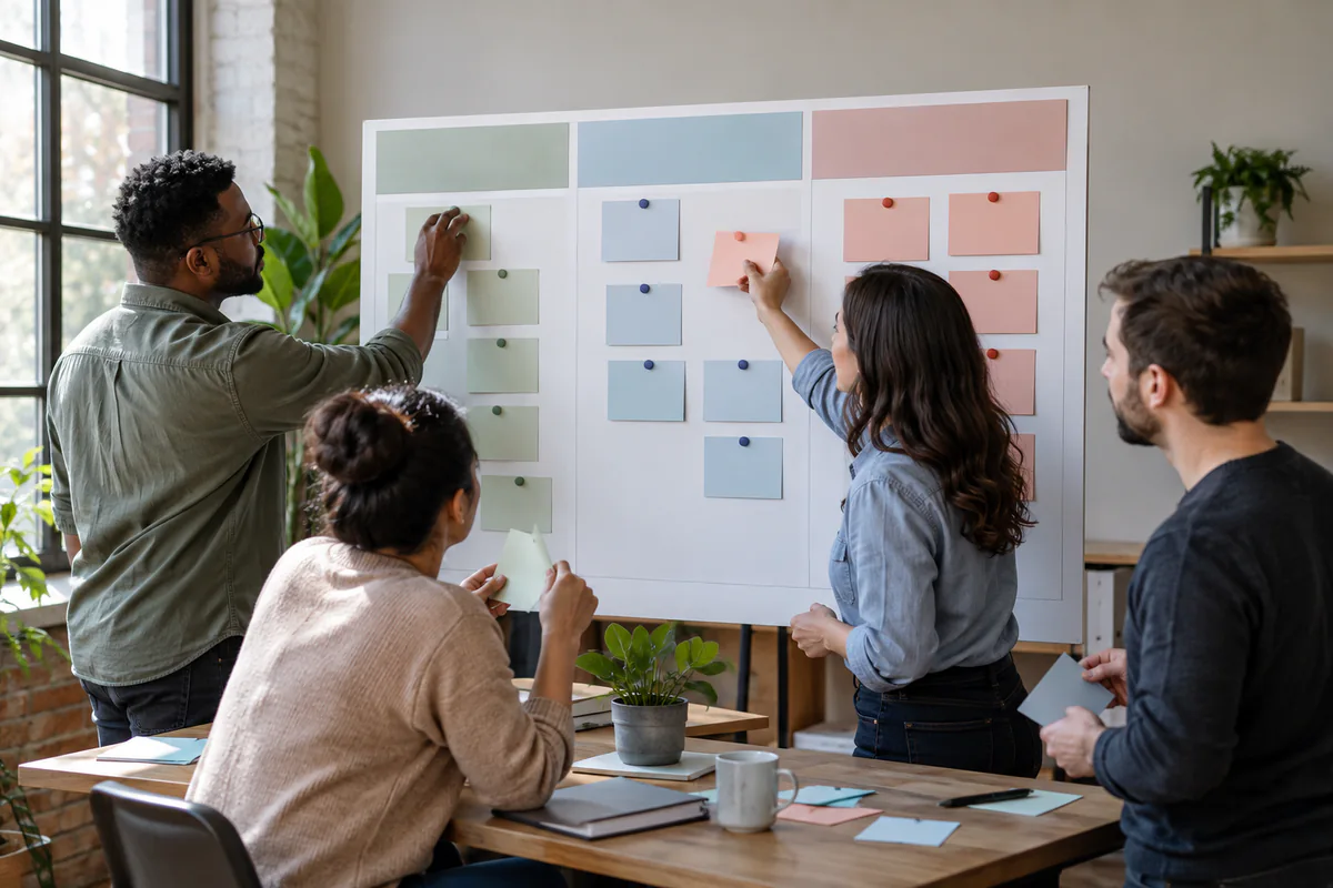 A team places blank task cards into a shared work board