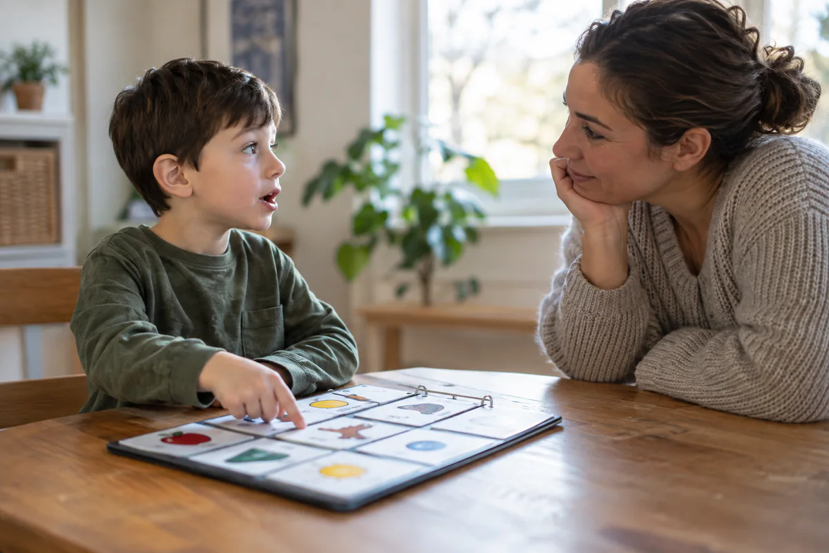 A child points to a picture communication board while a caregiver listens.