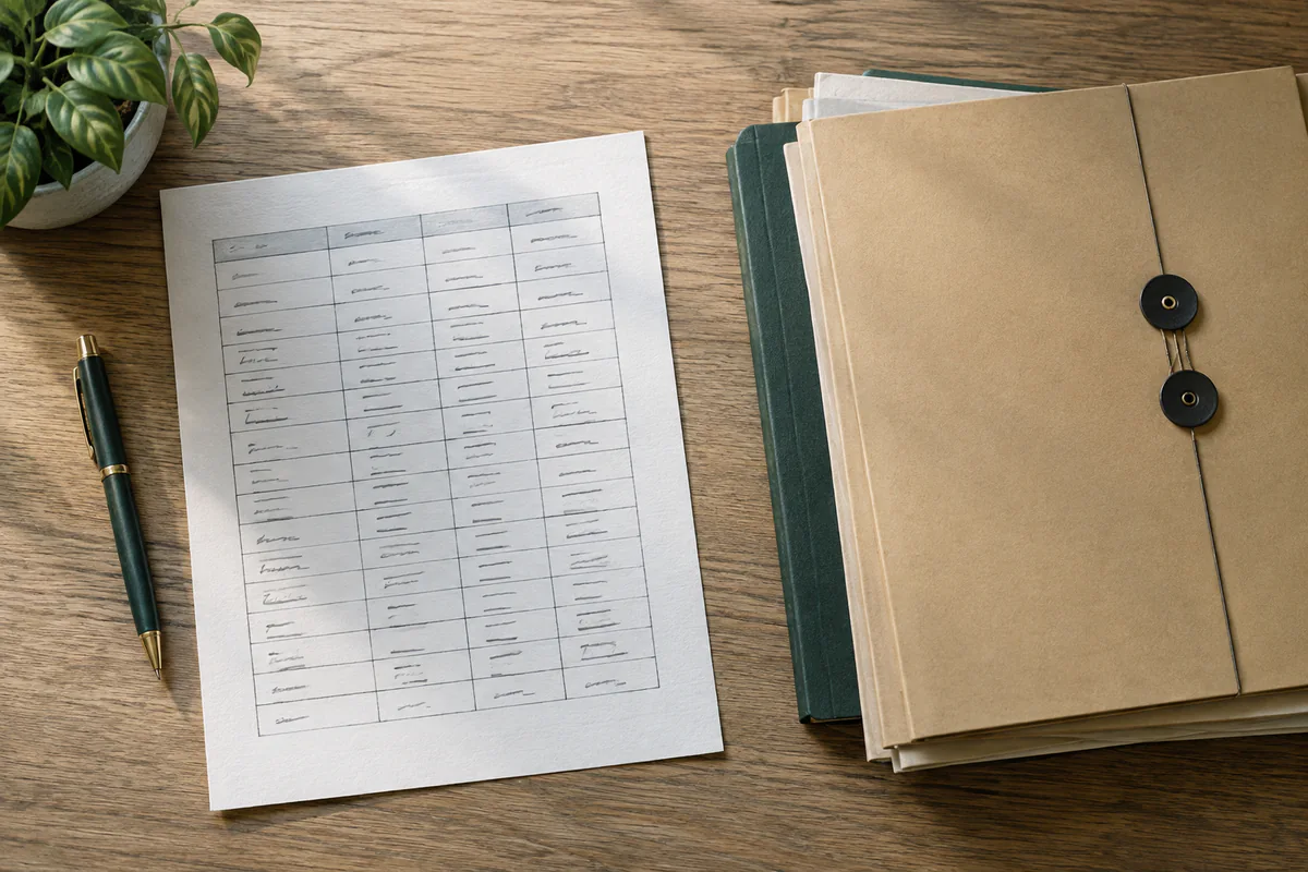 A simplified table sits beside closed document folders.