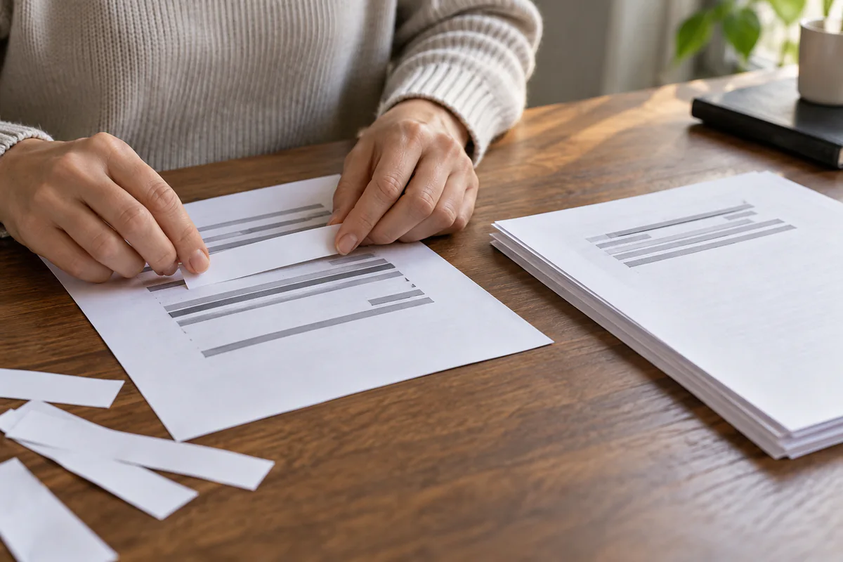 A person covers private lines on a document before preparing an excerpt.