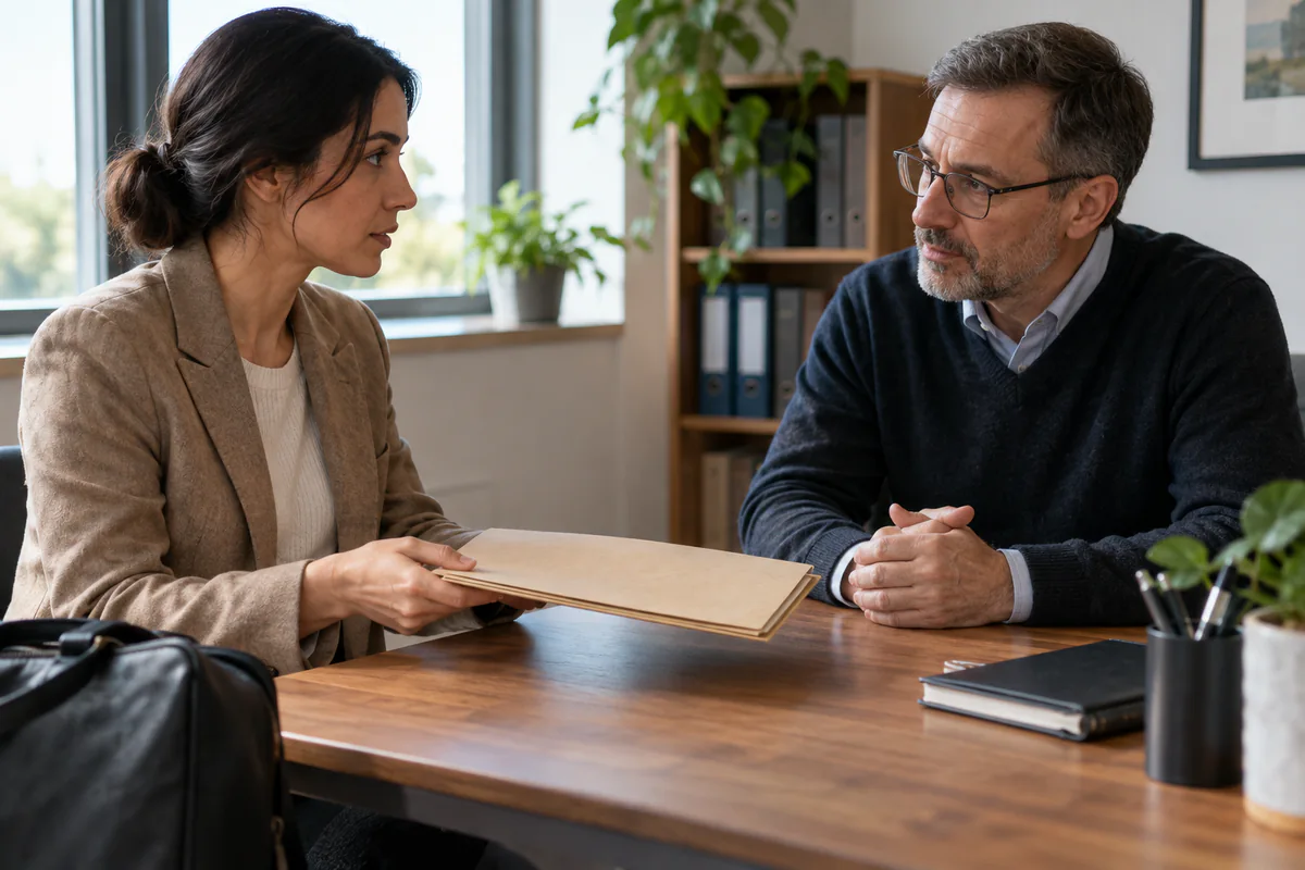 A worker hands a folder to an adviser across a desk