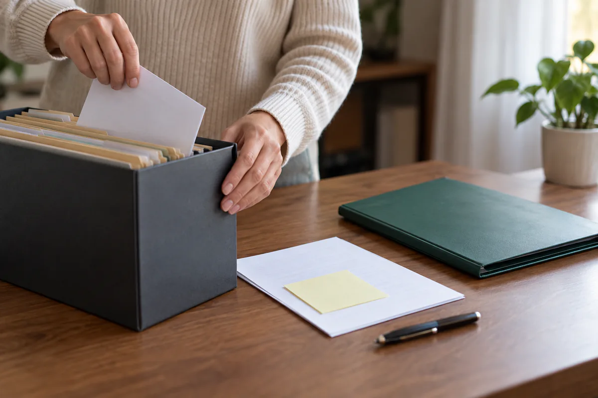 A person files a document beside a closed folder and notebook