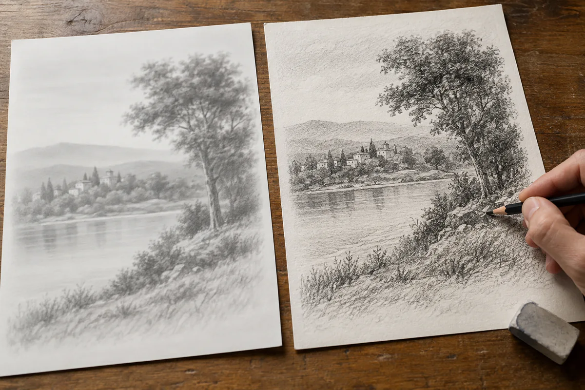 A hand adds a small correction to one of two landscape sketches