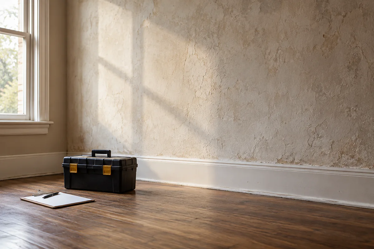 A closed toolbox and clipboard in an unfinished room