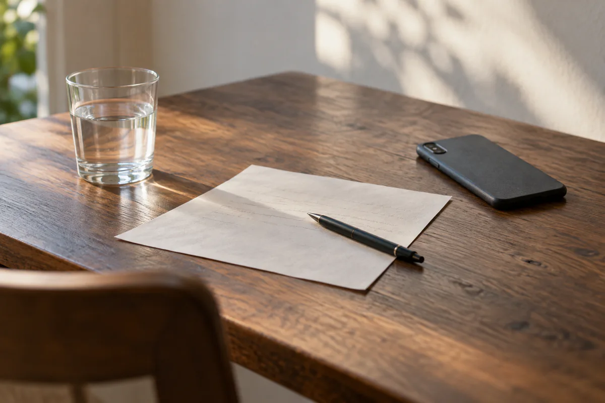 An unfinished letter, a face-down phone, and a glass of water on a clear table
