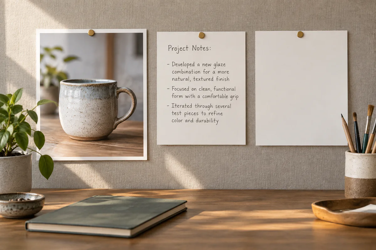 A photo of a ceramic mug displayed beside a project-notes sheet
