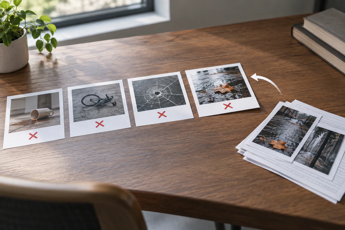 Rejected example cards are set apart from an accepted reference set