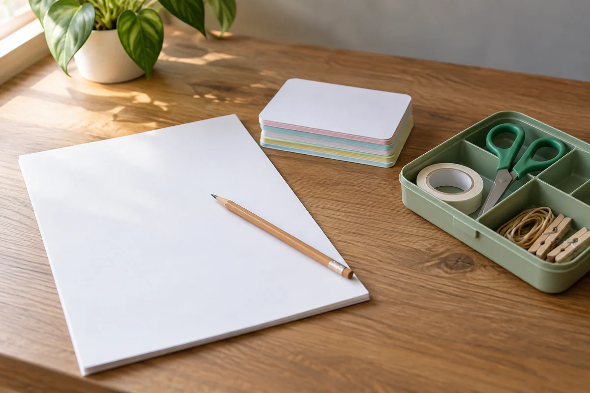 Blank study cards, paper and a pencil arranged beside a small supply tray