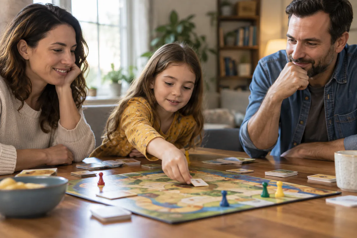 A family plays a board game together.