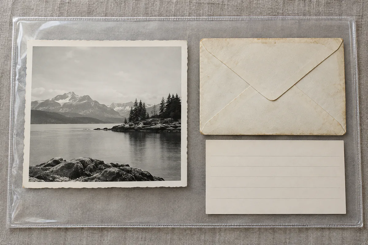 An old photograph, envelope, and blank caption card share an archival sleeve