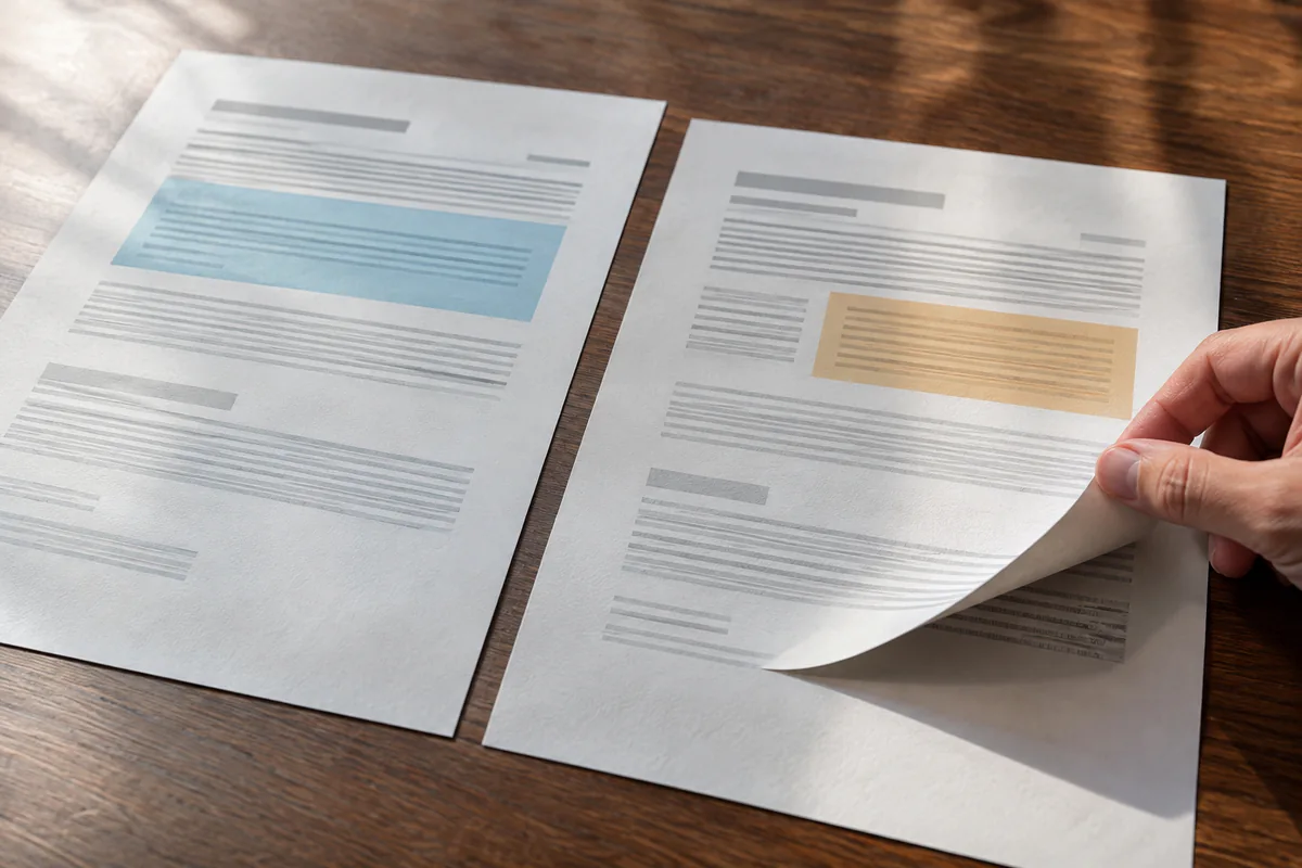 A hand compares differently highlighted passages on two documents.