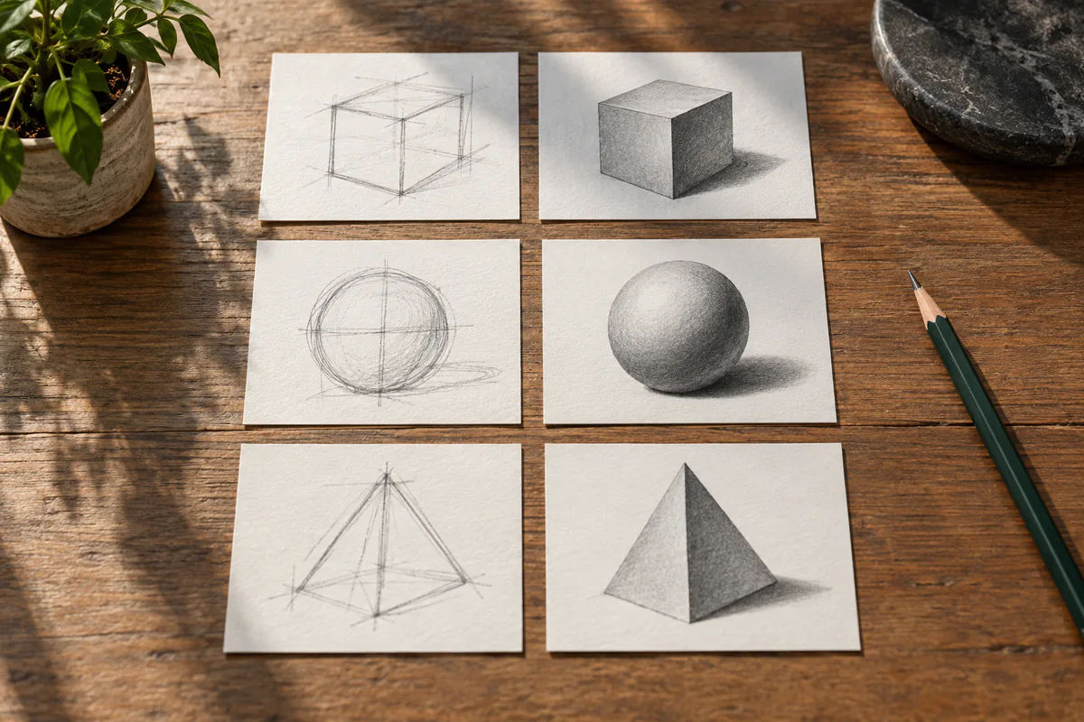 Three rough geometric sketches are paired with finished versions.