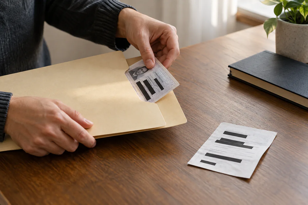 Hands place a document with concealed details into a folder