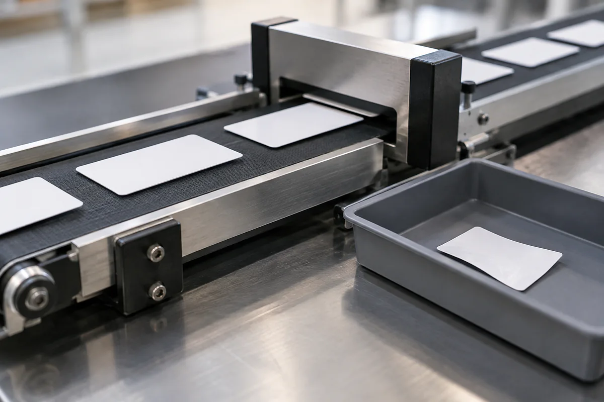 A production line separates test cards into review and output trays