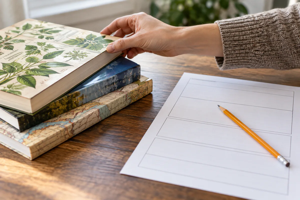 A hand selects a reference book beside a structured worksheet.